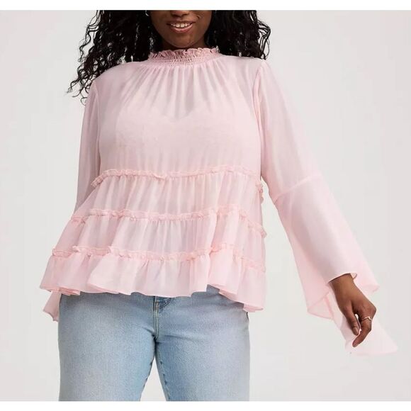 Torrid Blouse Chiffon Mock Neck Top Ruffle Tiered Sheer Long Sleeve Flowy 3 3x - Picture 6 of 14